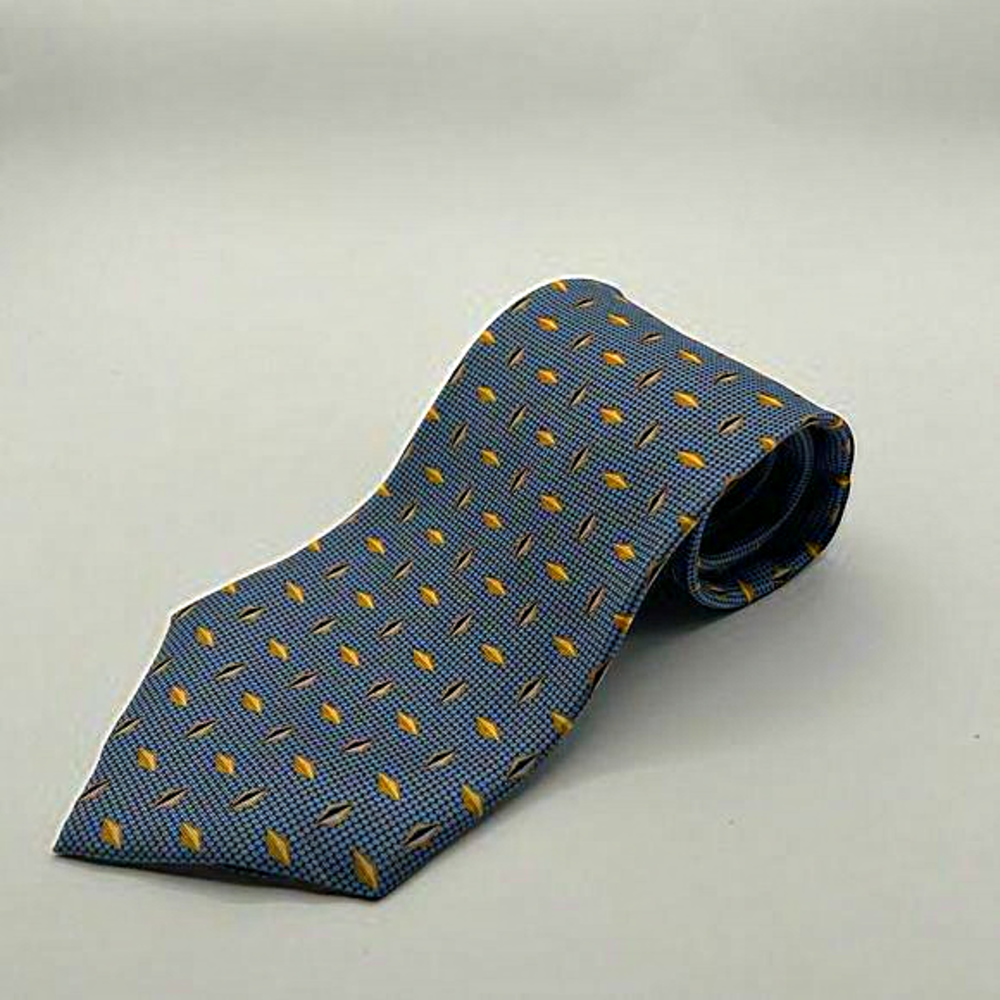 BELLINZONA Neck Tie Blue Nave Yellow‎ Wavy 100% SILK Necktie Hand Sewn